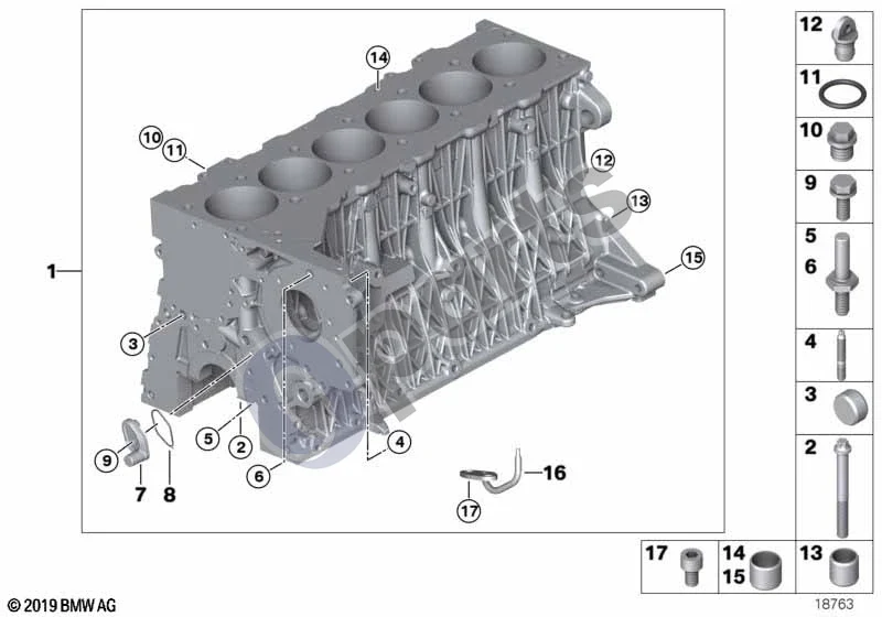 BMW 5 E60 E61 (2004–2010) Variklio blokas (M57N2, E60 LCI, E61 LCI) schema – pozicija 01: Variklio blokas su stūmokliais