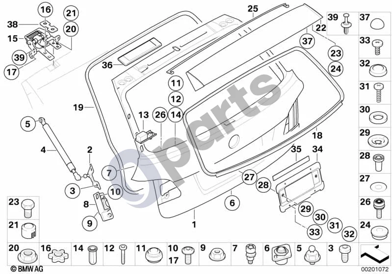 BMW 5 E60 E61 (2004–2010) Atskiros bagažinės dangčio dalys (E61 LCI, E61) schema – pozicija 01: Bagažinės dangtis