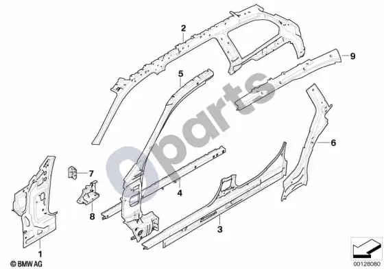 BMW 5 E60 E61 atskiros šoninio kėbulo rėmo dalys (E61 LCI, E61) – schema