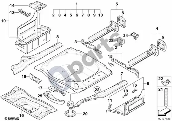 BMW 5 E60 E61 bagažinės grindų skydo tvirtinimo detalės (E61 LCI, E61) – schema