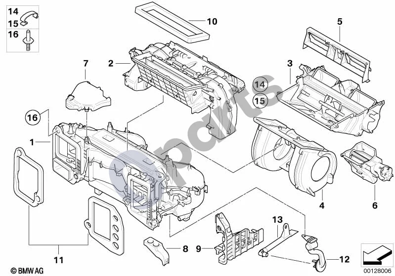 BMW 5 E60 E61 (2004–2010) Automatinio oro kondicionavimo korpuso dalys (E60 LCI, E61, E61 LCI) schema – pozicija 13: Kondensato nutekėjimo žarna, apačioje kairėje