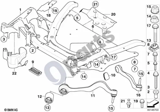 BMW 5 E60 E61 priekinės ašies atrama, skersinis svertas / įtempimo trauklė (E61 LCI, E61, E60 LCI) – schema