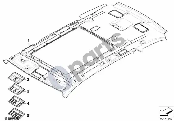 BMW 5 E60 E61 individuali formuota lubų apmušalo detalė, alcantara (E61 LCI, E61) – schema