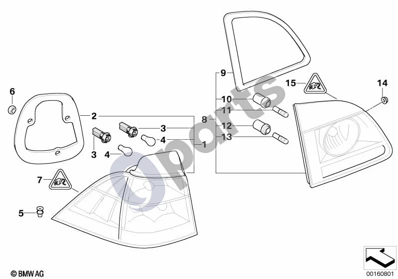 BMW 5 E60 E61 (2004–2010) Galinis žibintas (E61 LCI) schema – pozicija 01: Galinis žibintas šoniniame skydelyje, baltas, dešinysis