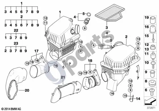 BMW 5 E60 E61 įsiurbimo oro duslintuvas / filtro elementas / oro masės matuoklis (HFM, S85, E61 LCI) – schema