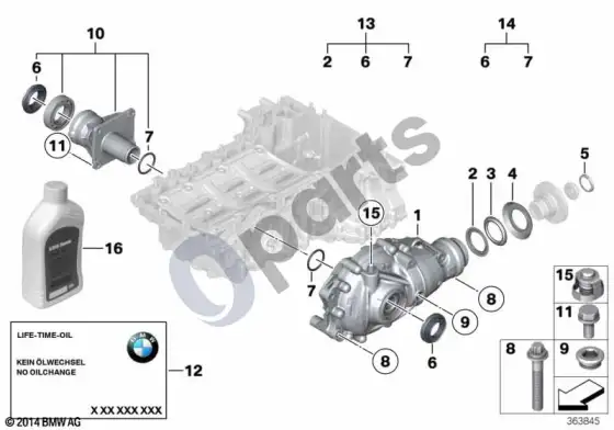 BMW 5 E60 E61 priekinės ašies diferencialas, atskiras komponentas, visų ratų pavara, priekis (E61 LCI) – schema