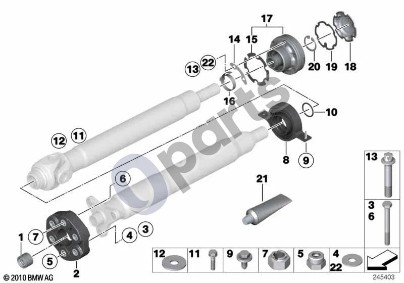 BMW 5 E60 E61 (2004–2010) Pavaros velenas – tarpinis guolis – vienodo kampinio greičio šarnyras (E61) schema – Automatinės pavarų dėžės kardaninis velenas (L=1607MM)