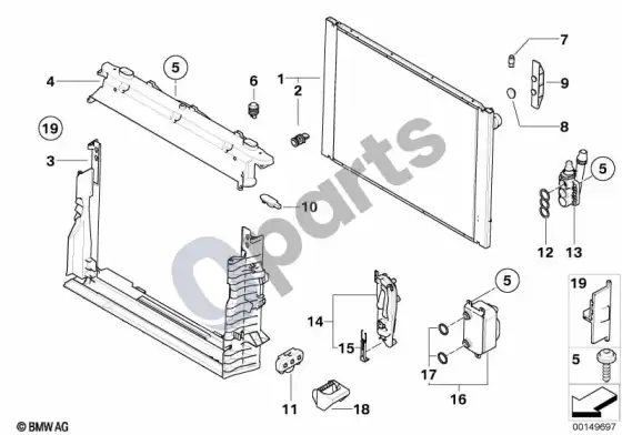 BMW 5 E60 E61 radiatoriaus tvirtinimo detalės (N62, E61) – schema