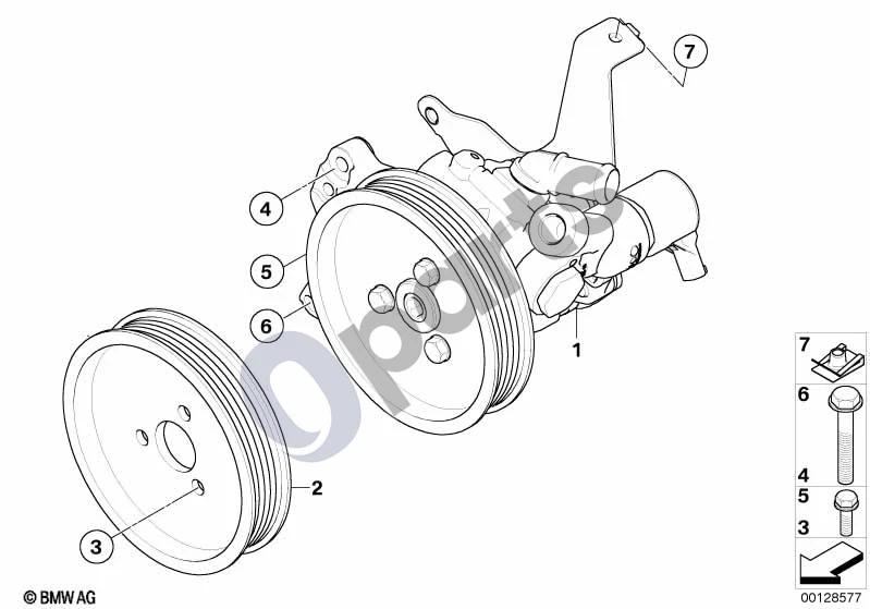 BMW 5 E60 E61 (2004–2010) Vairo stiprintuvo siurblys / aktyvusis vairas (E61) schema – pozicija 01: Vairo stiprintuvo siurblys (FP-6 ZF)
