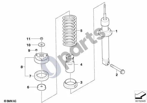 BMW 5 E60 E61 galinės pakabos statramstis, spyruoklė ir dalys – schema
