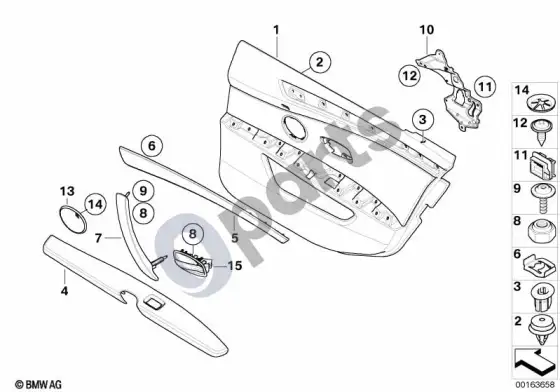 BMW 5 E60 E61 ilgosios versijos galinių durų apdaila – schema