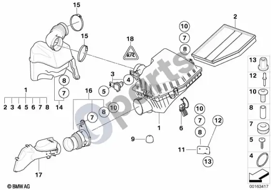 BMW 5 E60 E61 įsiurbimo oro duslintuvas / filtro elementas / oro masės matuoklis (HFM, N43) – schema