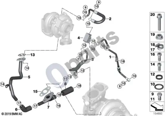 BMW 5 E60 E61 išmetamųjų dujų turbokompresoriaus alyvos tiekimas (M57N2) – schema