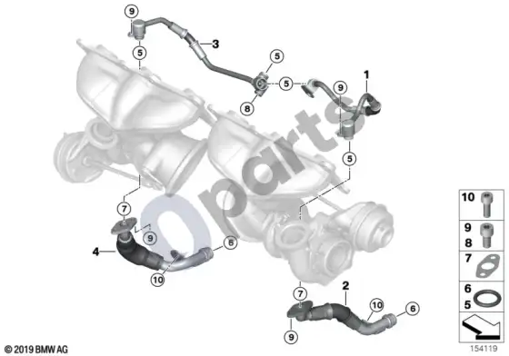 BMW 5 E60 E61 išmetamųjų dujų turbokompresoriaus alyvos tiekimas (N54) – schema