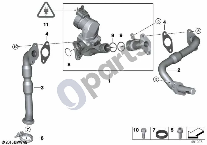 BMW 5 E60 E61 (2004–2010) Išmetamųjų dujų valymas (N43) schema – pozicija 10: Šešiakampis varžtas su poveržle (M6X20-Z1)