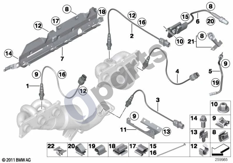 BMW 5 E60 E61 (2004–2010) Lambda zondo tvirtinimo detalės (N53) schema – pozicija 05: Išmetamųjų dujų temperatūros jutiklis (L=260)