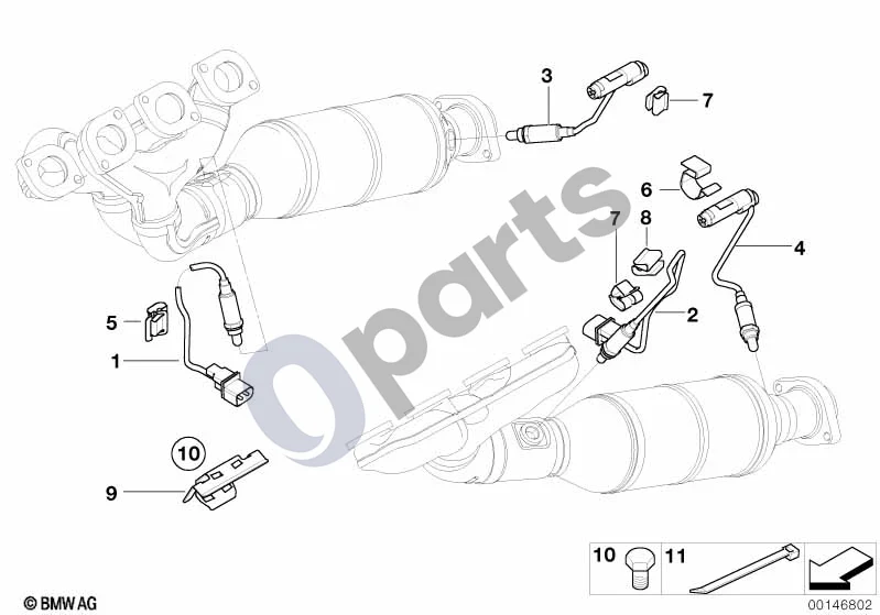 BMW 5 E60 E61 (2004–2010) Lambda zondo tvirtinimo detalės (N62N, E60, E61) schema – pozicija 02: Lambda zondas, pilkas (L= 620MM)