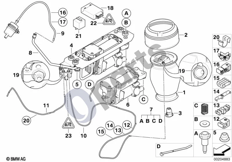 BMW 5 E60 E61 (2004–2010) Lygio reguliavimo įtaisas, pneumatinė pakaba ir valdymo blokas schema – pozicija 01: Pneumatinis elementas, galinis