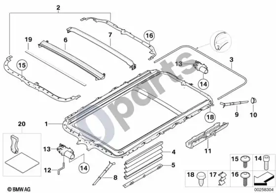 BMW 5 E60 E61 panoraminis stiklinis stogas – schema