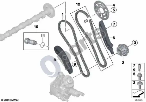 BMW 5 E60 E61 paskirstymo pavaros grandinė, viršutinė (N47) – schema