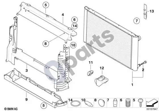 BMW 5 E60 E61 radiatoriaus tvirtinimo detalės (N54) – schema