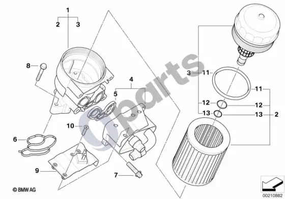 BMW 5 E60 E61 tepimo sistema – alyvos filtras, šilumokaitis (N46N) – schema