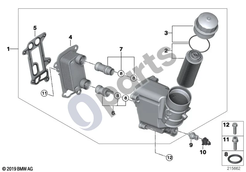 BMW 5 E60 E61 (2004–2010) Tepimo sistema – alyvos filtras, šilumokaitis (N47) schema – pozicija 11: Cilindrinės galvutės sraigtas (DELTA PT4X16)