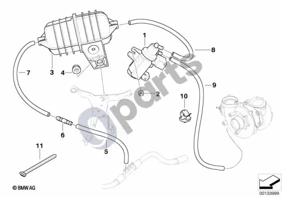 BMW 5 E60 E61 vakuuminis valdymas, išmetamųjų dujų turbokompresorius (M57N) – schema