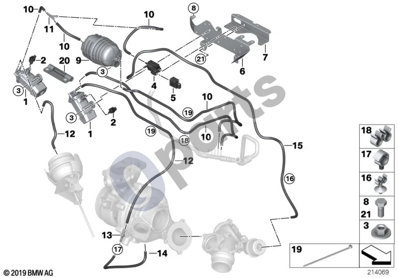 BMW 5 E60 E61 (2004–2010) Vakuuminis valdymas, išmetamųjų dujų turbokompresorius (M57N2) schema – pozicija 18: Distancinis elementas
