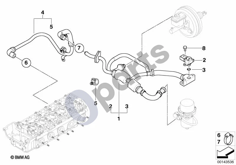 BMW 5 E60 E61 (2004–2010) Vakuuminis valdymas, variklis (E61 LCI) schema – pozicija 01: Vakuuminis vamzdelis