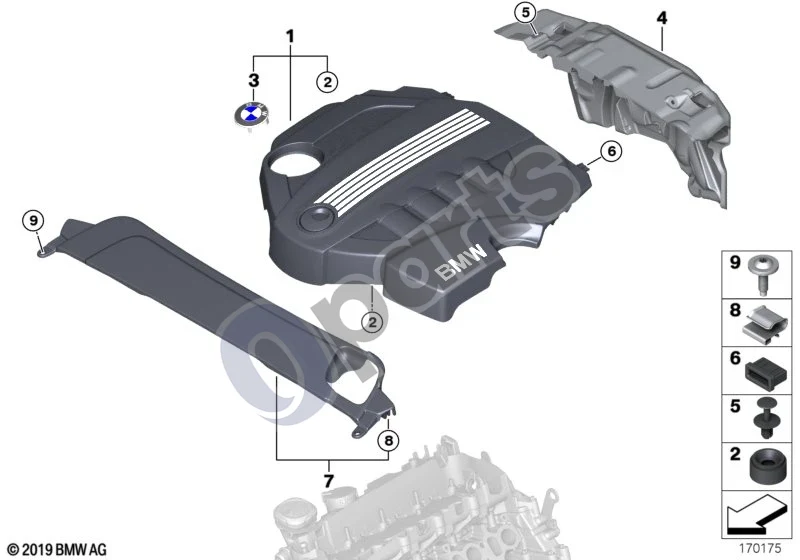 BMW 5 E60 E61 (2004–2010) Variklio akustika (N47) schema – pozicija 01: Akustinis dangtis
