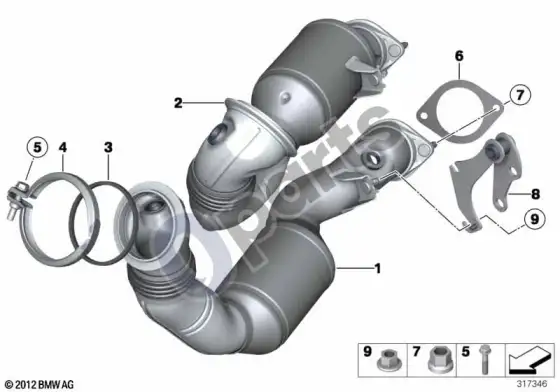 BMW 5 E60 E61 variklio skyriaus katalizatorius (N54) – schema