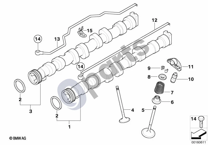 BMW 5 E60 E61 (2004–2010) Vožtuvų paskirstymo mechanizmas – skirstomasis velenas/vožtuvai (N43) schema – pozicija 11: Ritininė traukimo svirtis
