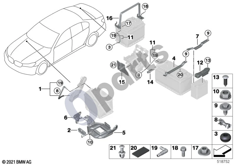 BMW 5 G30 G31 G38 (2016–) Akumuliatoriaus tvirtinimo detalės (G30 518D) schema – pozicija 02: Akumuliatoriaus tvirtinimo bėgelis