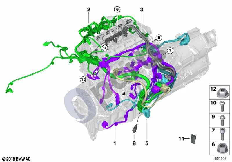 BMW 5 G30 G31 G38 (2016–) Variklio laidų pynė (G30 520IB46D, G30 530IB46D) schema – pozicija 04: Variklio laidų pynė, Valvetronic servovariklis