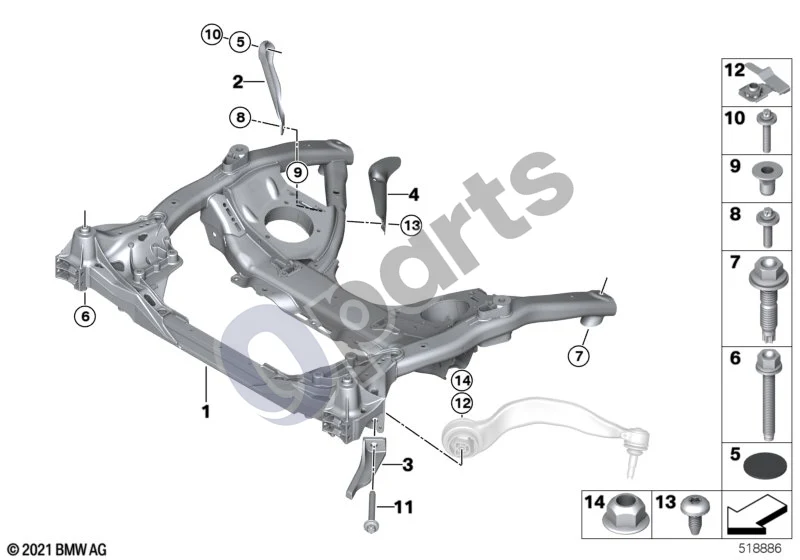 BMW 5 G30 G31 G38 (2016–) Priekinės ašies atrama (G30 LCI 518D) schema – pozicija 08: Torx varžtas su poveržle