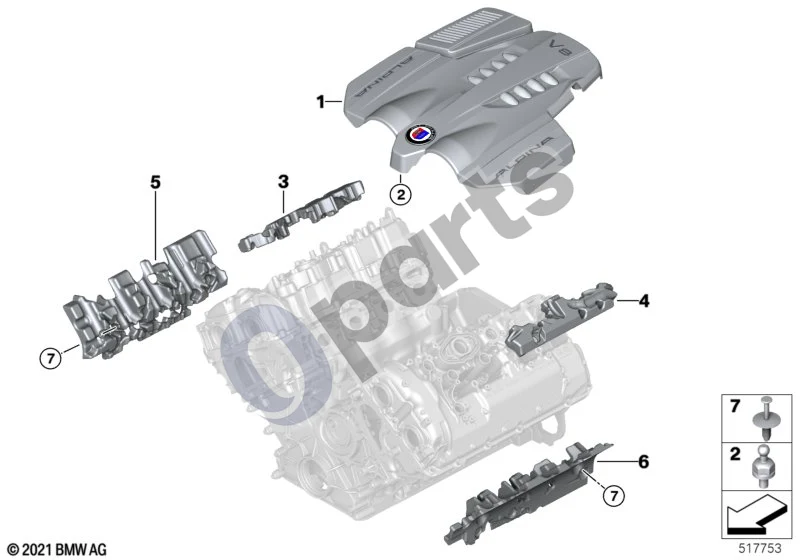 BMW 5 G30 G31 G38 (2016–) Variklio akustika (G30 LCI BMWALPINAB5) schema – pozicija 05: Garso izoliacinis dangtis, variklio blokas