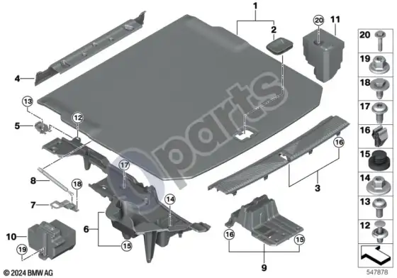 BMW 5 G60 G61 bagažinės grindų apdailos skydelis – schema
