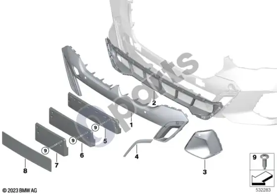 BMW 5 G60 G61 m apdailos skydelis, priekiniai apdailos elementai – schema