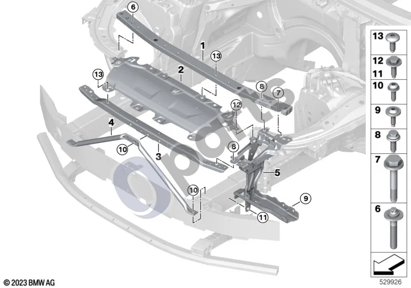 BMW 5 G60 G61 (2023–) Priekinis skydas schema – pozicija 02: Priekinė skersinė jungtis