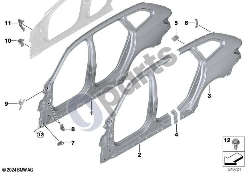 BMW 5 G60 G61 (2023–) Šoninis rėmas schema – pozicija 12: Kombinuotas šešiabriaunis varžtas