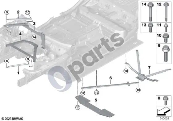 BMW 5 G60 G61 sustiprinimas, kėbulas – schema
