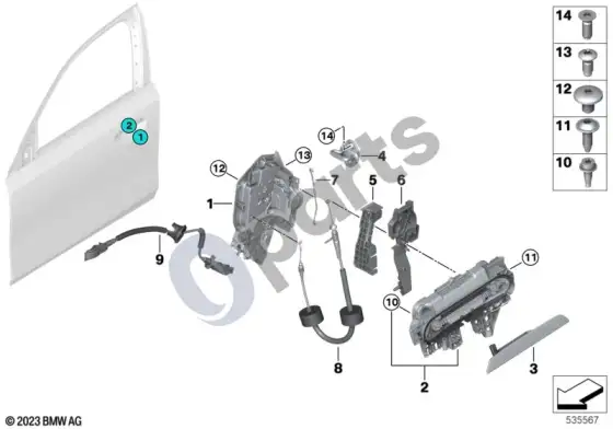 BMW 5 G60 G61 užrakto sistema, durys, priekinės – schema