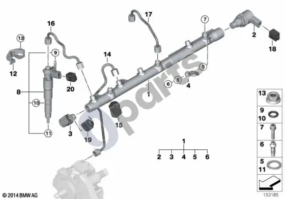 BMW 6 E63 E64 aukšto slėgio akumuliatorius/purkštukas/vamzdis – schema