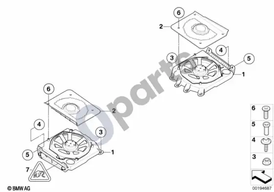 BMW 6 E63 E64 centrinio žemųjų dažnių garsiakalbio komponentai – schema
