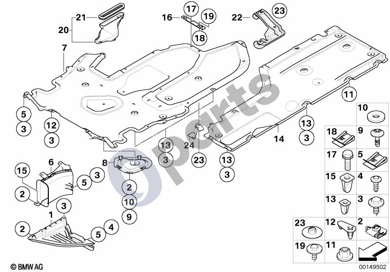 BMW 6 E63 E64 (2002–2010) Apsauga, variklio skyrius/apatinė dugno apdaila (E63 630I, E64 630I) schema – pozicija 14: Apatinė apdaila, dešinė
