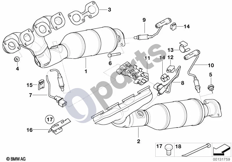BMW 6 E63 E64 (2002–2010) Išmetimo kolektorius su katalizatoriumi (E63 645CI) schema – pozicija 08: Lambda zondas, pilkas