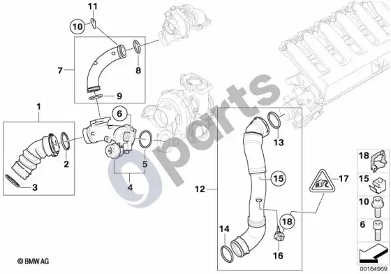 BMW 6 E63 E64 įsiurbimo kolektorius – pripūtimo oro kanalas / EGR – schema