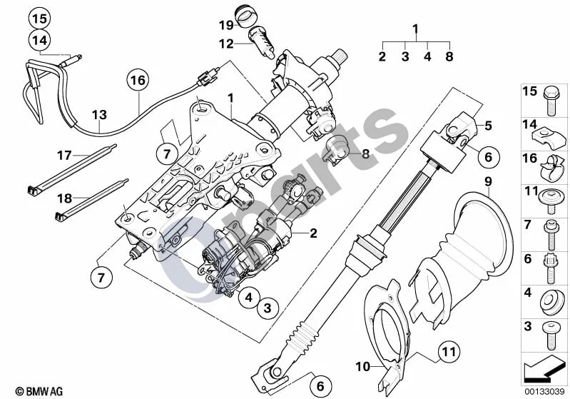 BMW 6 E63 E64 (2002–2010) Papildomos dalys, elektrinis vairo kolonėlės reguliavimas; ... - 2005.09 schema – pozicija 19: Spynos cilindro dengiamasis dangtelis
