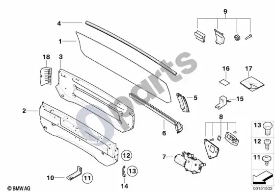 BMW 6 E63 E64 sulankstomo stogo galinis langas – schema